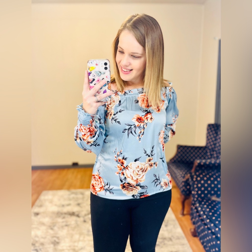 Sky Blue Ruffle Off Shoulder Long Sleeve Floral Blouse